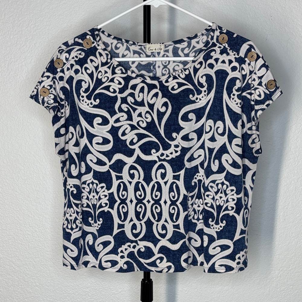 Stylish Navy and White Short Sleeve Top with Button Accents